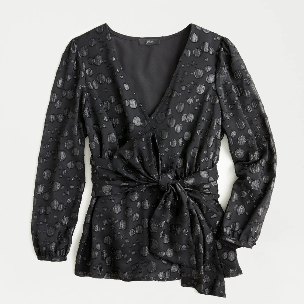 J.Crew Tie Waist V Neck Blouse Top Metallic Polka Dot Jacquard Size Small Black